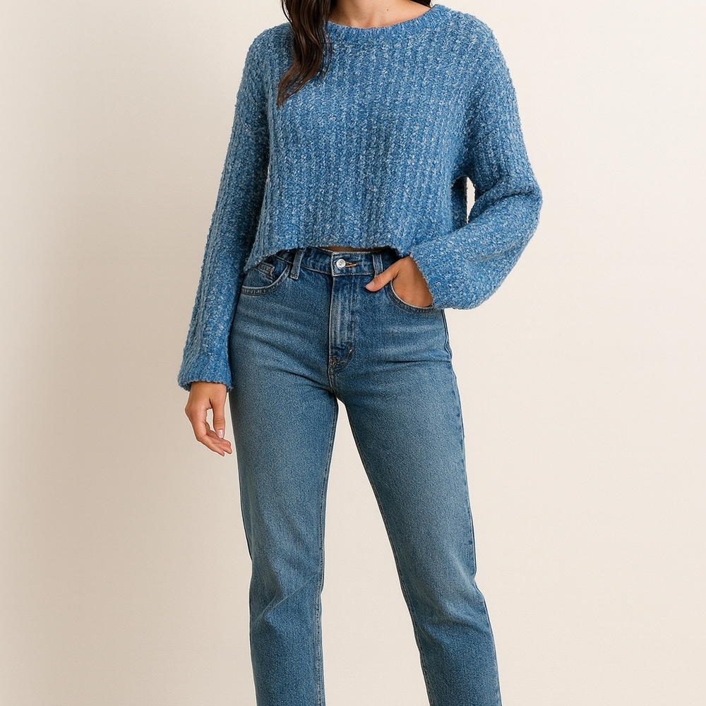 Size M Cozy Blue Chenille Cropped Sweater | Soft Textured Knit Winter Essential